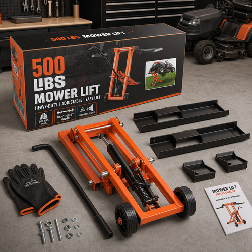 🔥[Hot sale]🔥Hydraulic Lawn Mower Lift, 500 LBS Load Capacity, Solid Carbon Steel Construction, Adjustable Universal Lawn Lifter, Compatible with Riding Tractors, Zero-Turn Mowers & Utility ATVs, Orange