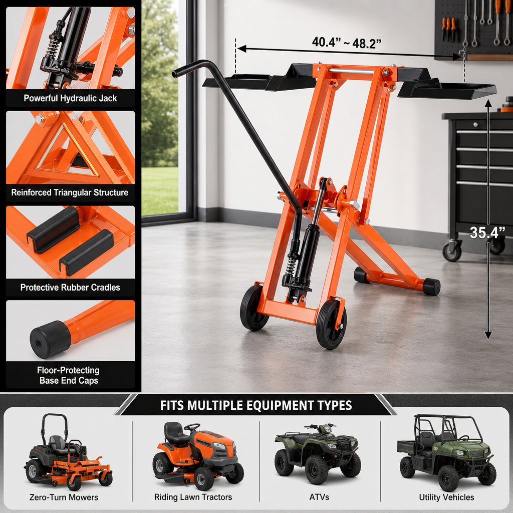 🔥[Hot sale]🔥Hydraulic Lawn Mower Lift, 500 LBS Load Capacity, Solid Carbon Steel Construction, Adjustable Universal Lawn Lifter, Compatible with Riding Tractors, Zero-Turn Mowers & Utility ATVs, Orange